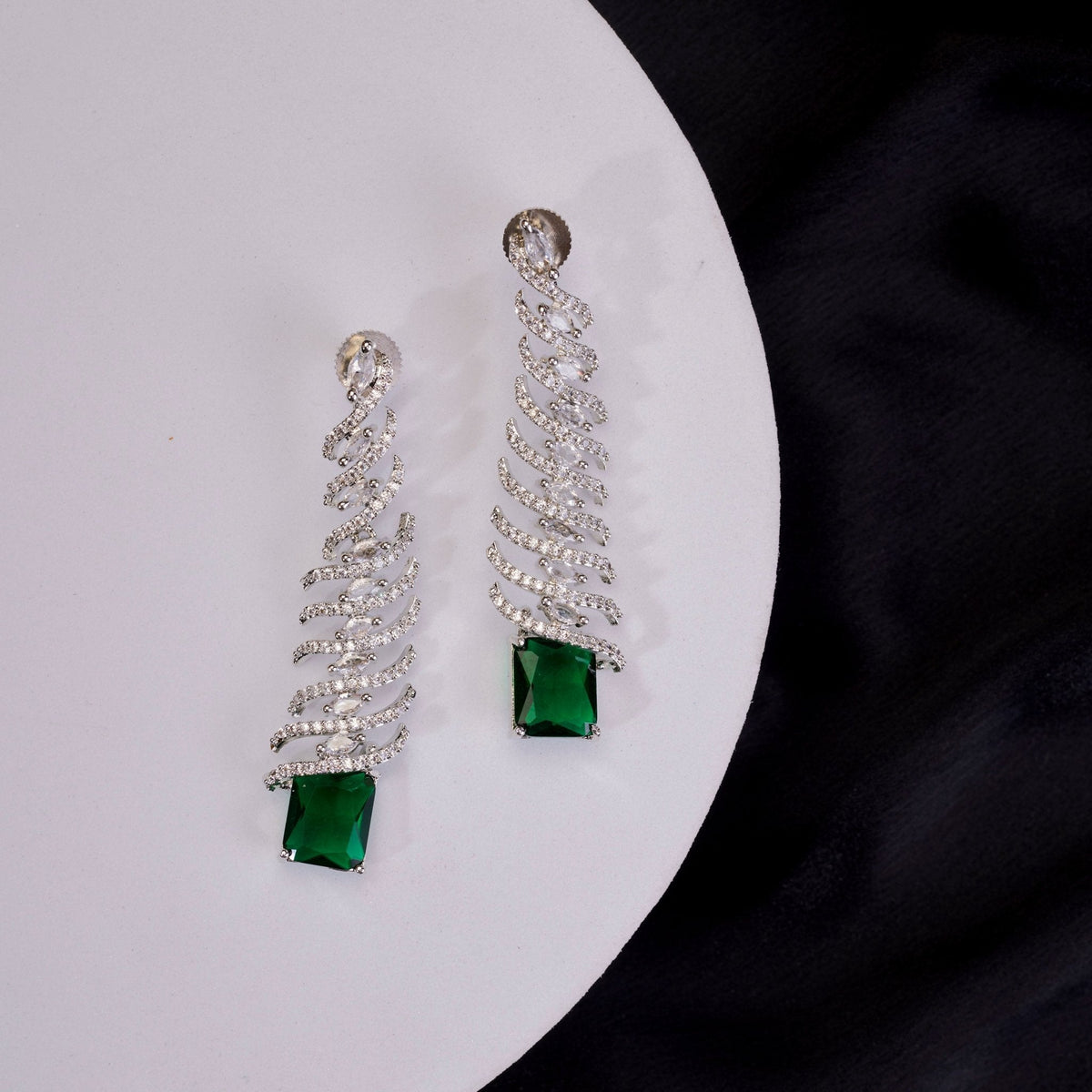 Rhodium Plated Feather Leaf American Diamond Dangler Earrings
