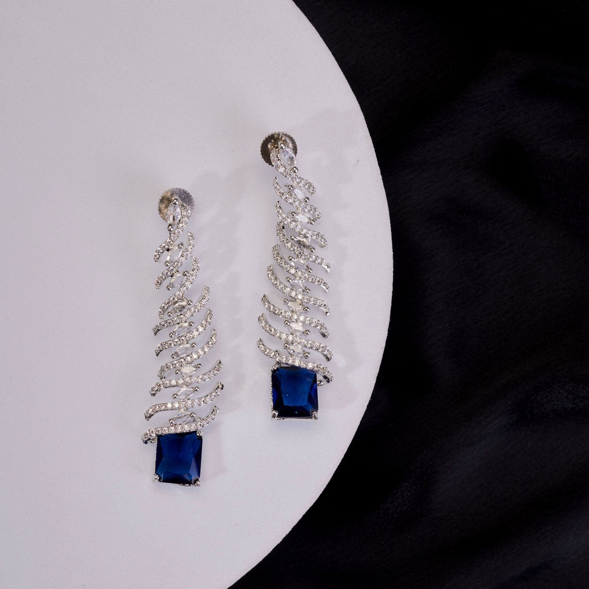 Rhodium Plated Feather Leaf American Diamond Dangler Earrings