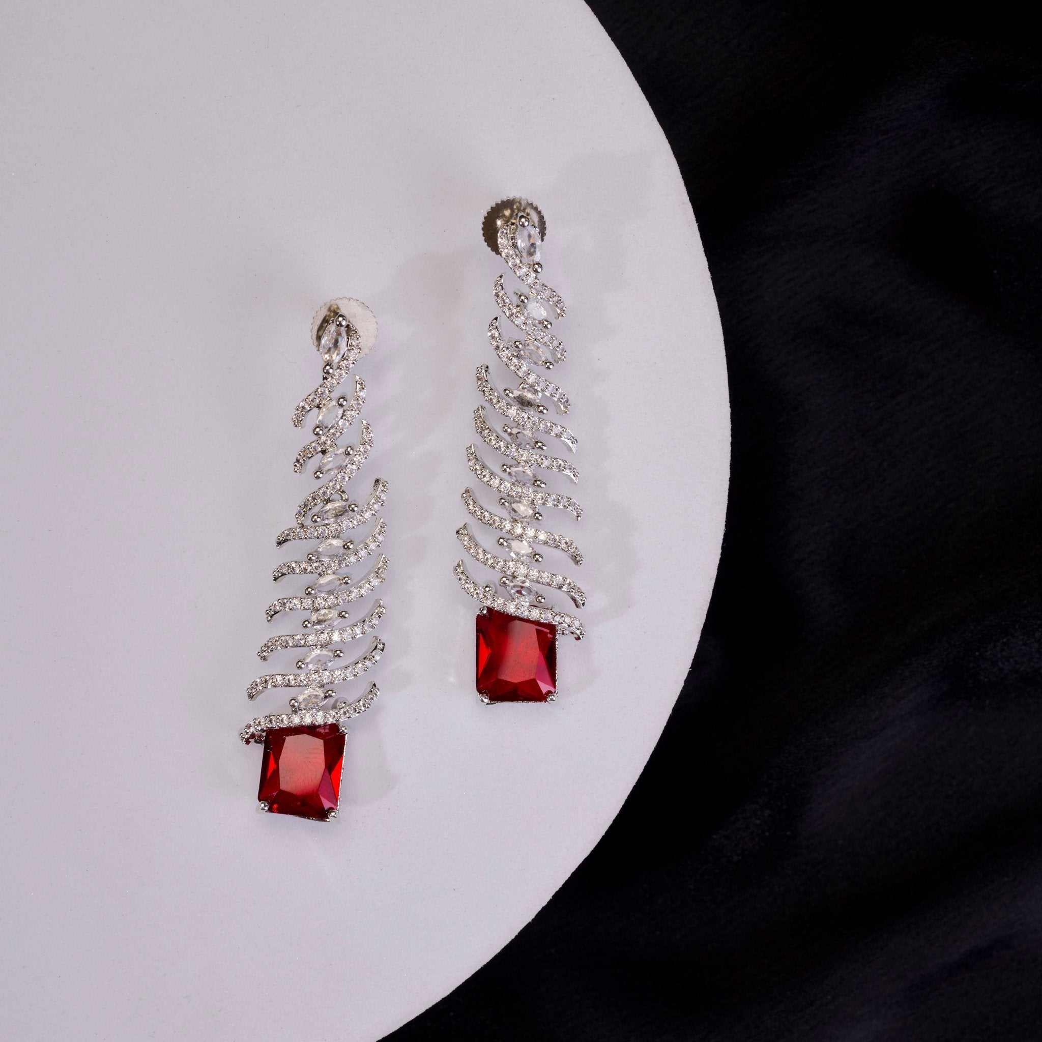 Rhodium Plated Feather Leaf American Diamond Dangler Earrings