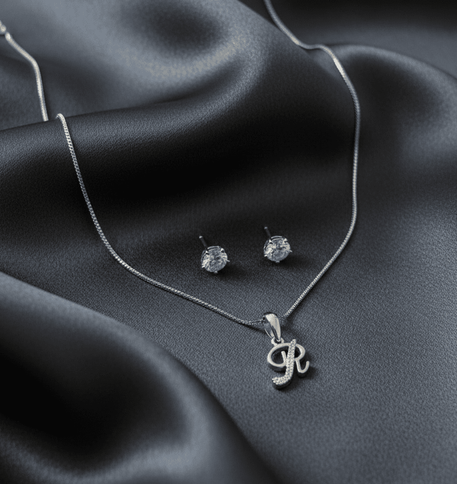 R' Initial Necklace and Cubic Zirconia Stud Earrings Set (Pack of 2)