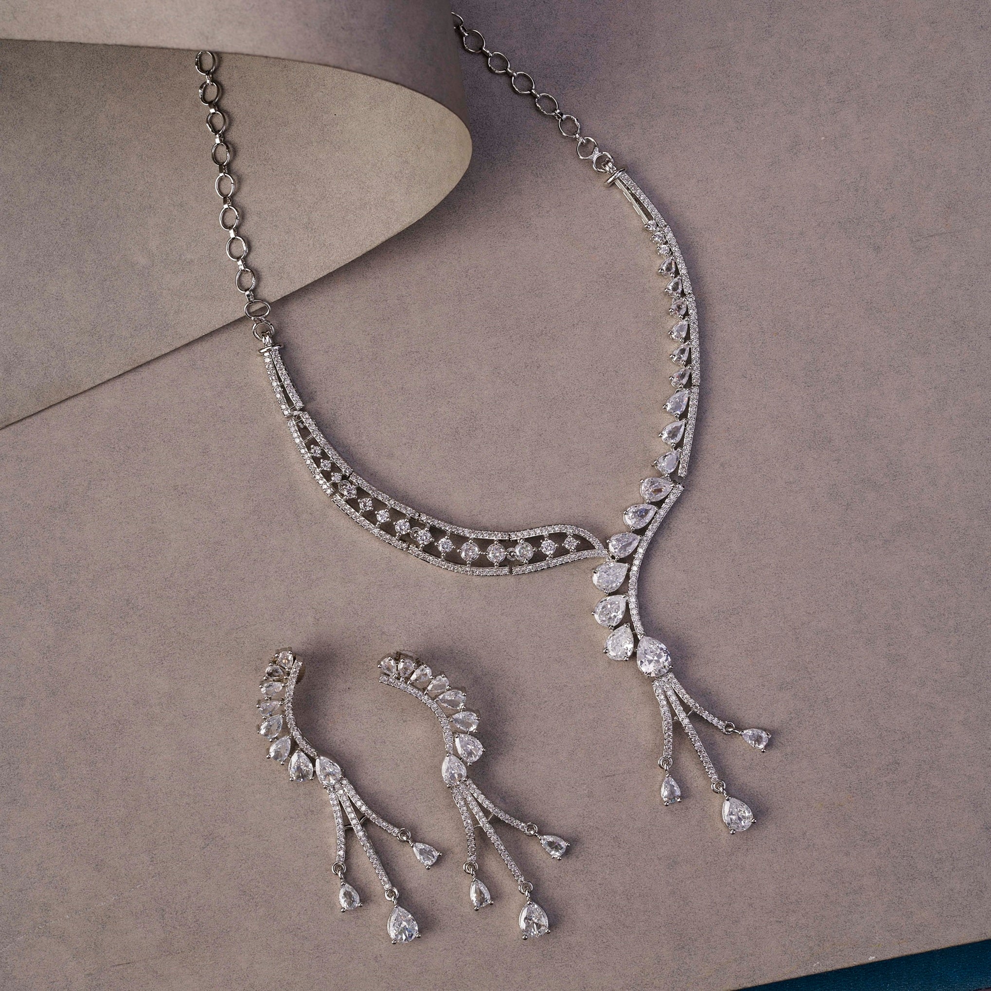 Radiant Rhodium-Plated Necklace Set with Sparkling Teardrop