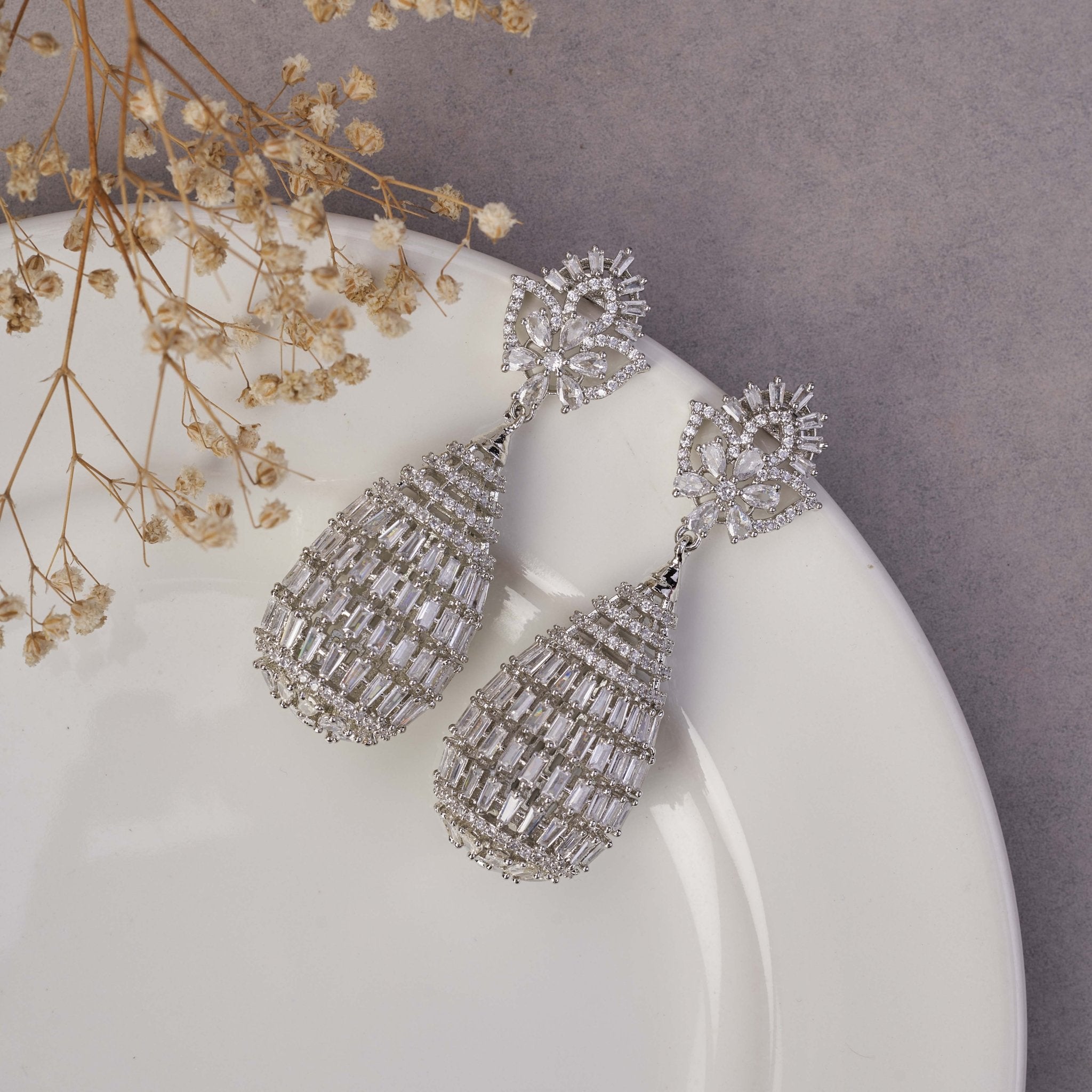 Radiant Teardrop Crystal Statement Rhodium Plated Earrings