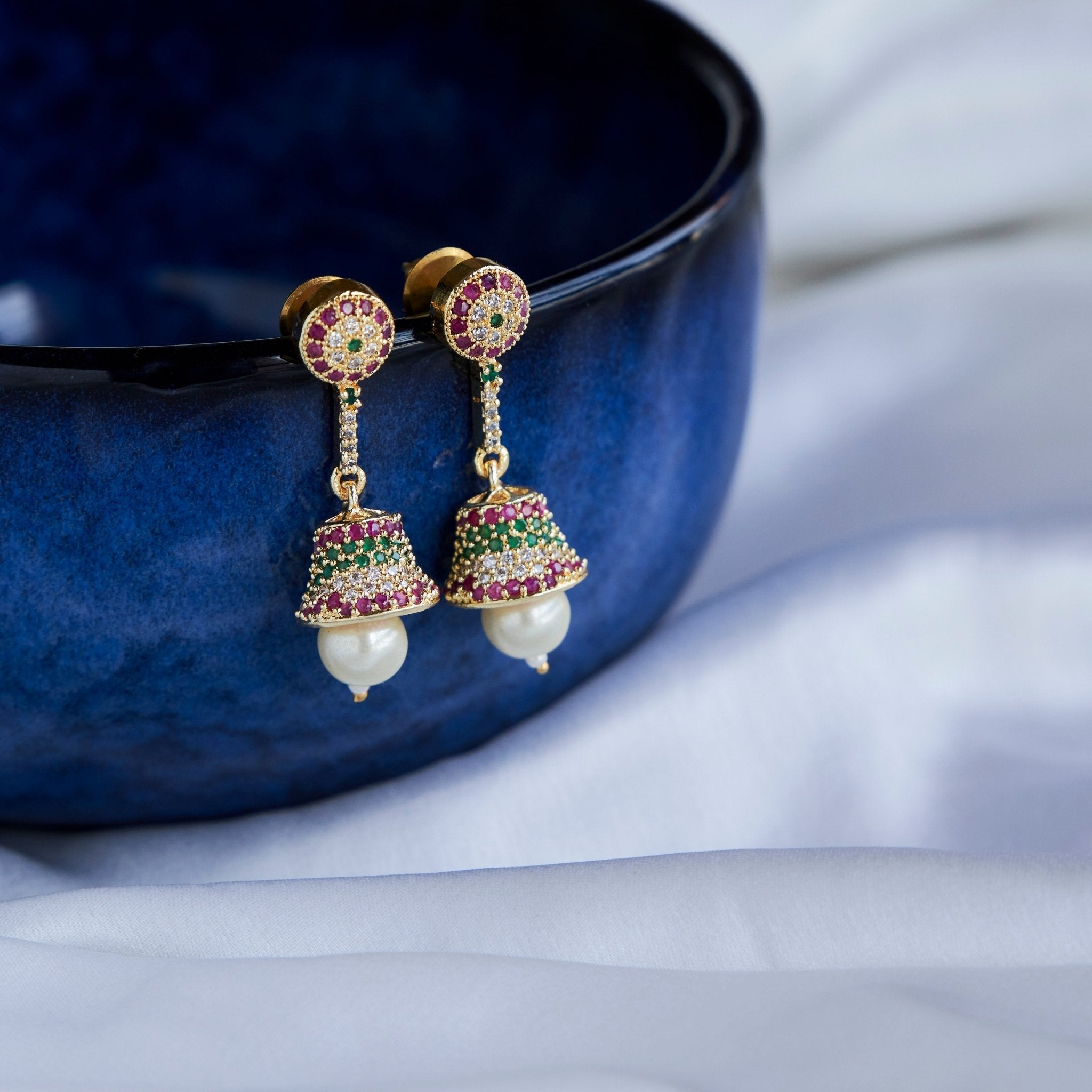 Gold Plated American Diamond Pearl Jhumka Earrings