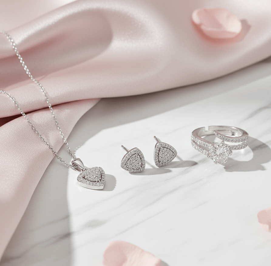 Rhodium Plated AD Jewelry Set - Triangle Pendant, Ring & Studs