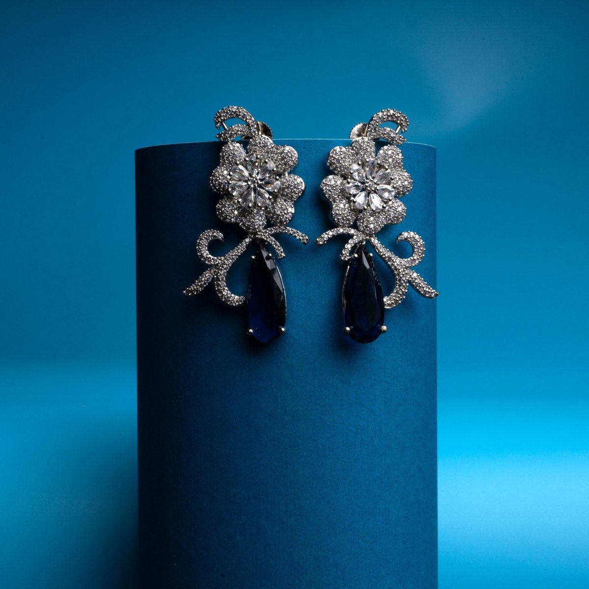Rhodium-Plated AD Studded Teardrop Drop Earrings