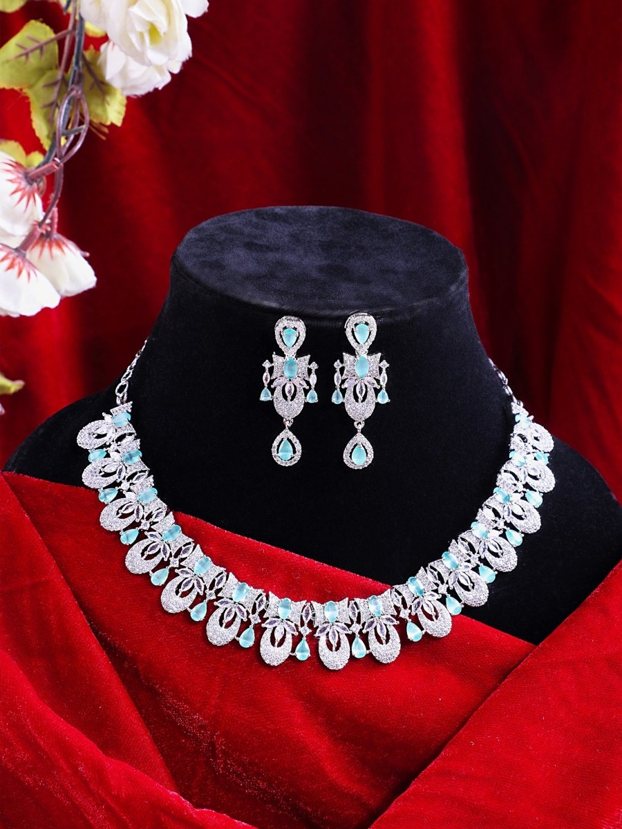 Rhodium-Plated American Diamond Necklace Earrings Jewellery Set