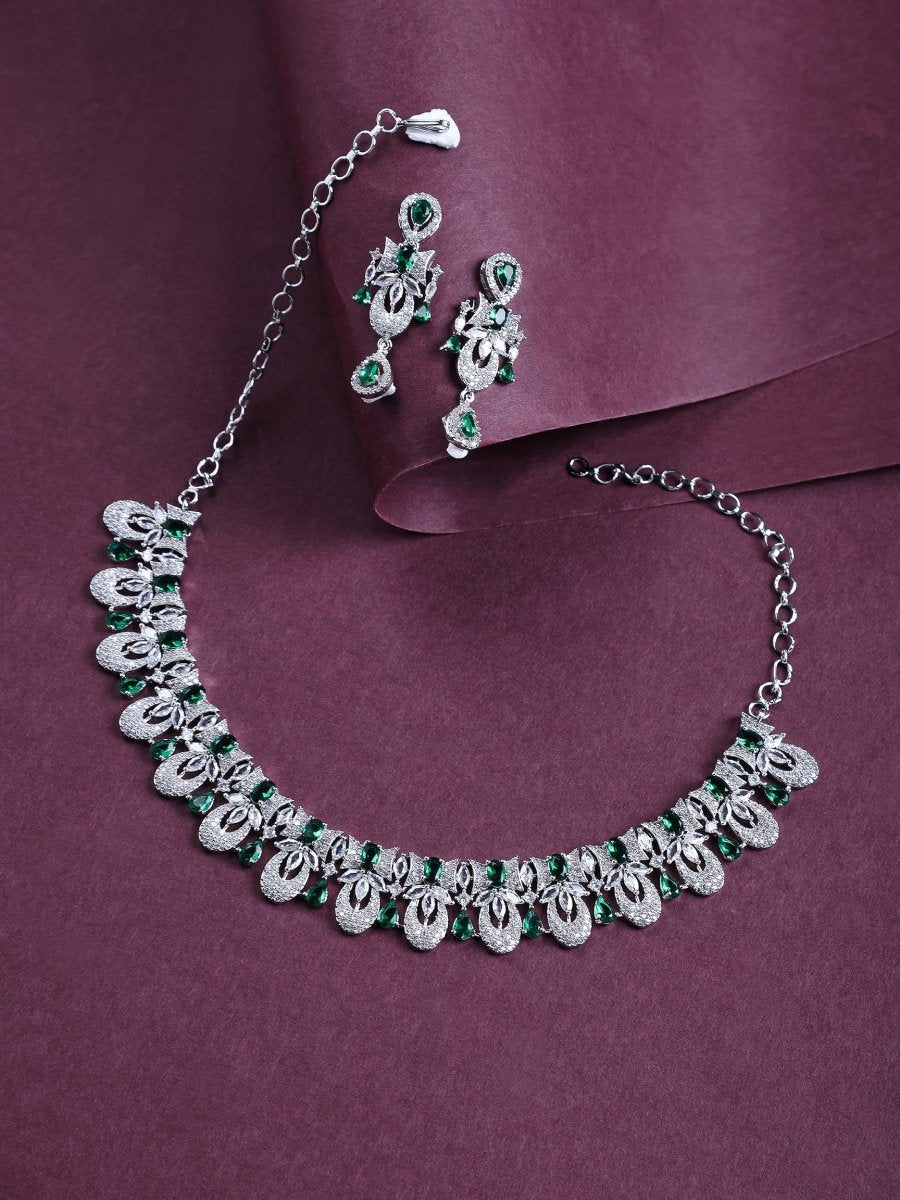 Rhodium-Plated American Diamond Necklace Earrings Jewellery Set