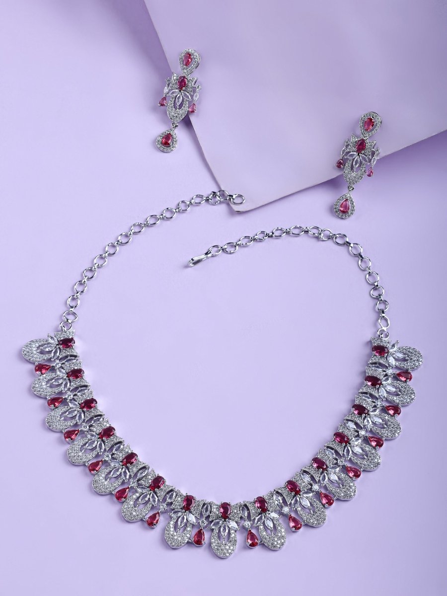 Rhodium-Plated American Diamond Necklace Earrings Jewellery Set