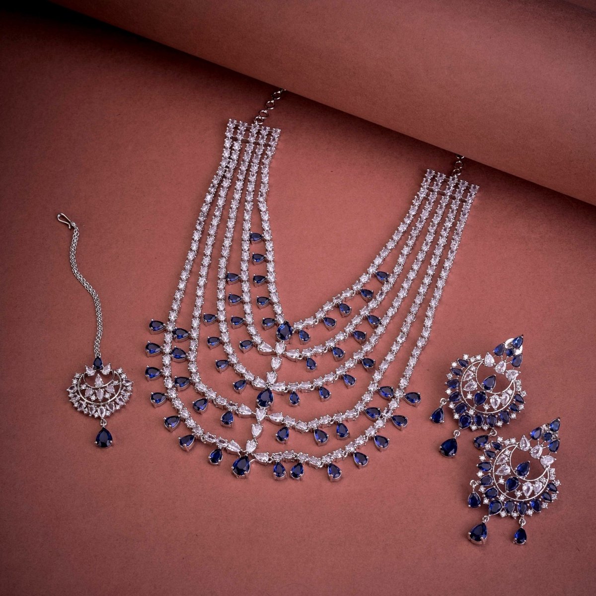 Rhodium Plated Bridal Celestial Cascade Necklace with Maang Tikka
