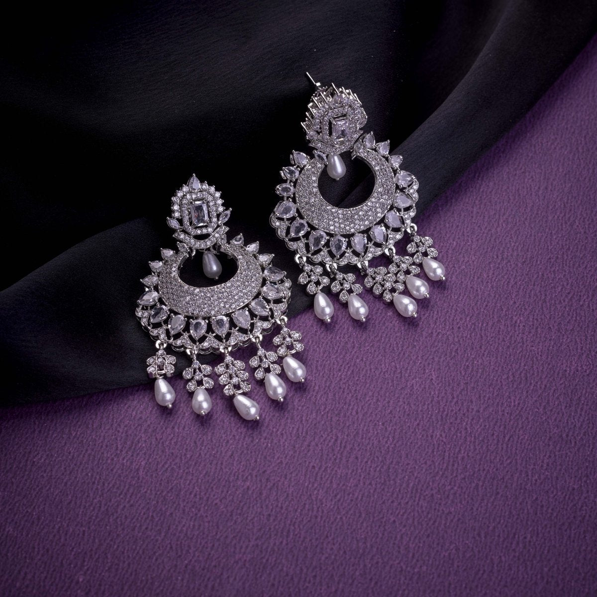 Rhodium Plated Chandelier Earrings with Stone Work