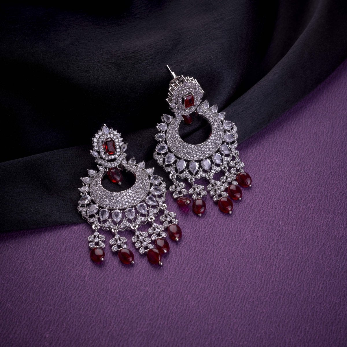 Rhodium Plated Chandelier Earrings with Stone Work