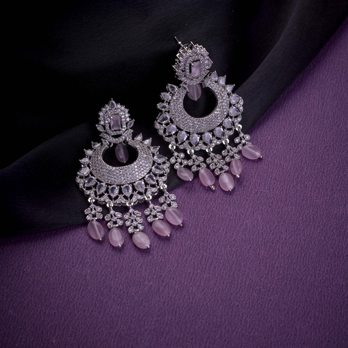 Rhodium Plated Chandelier Earrings with Stone Work