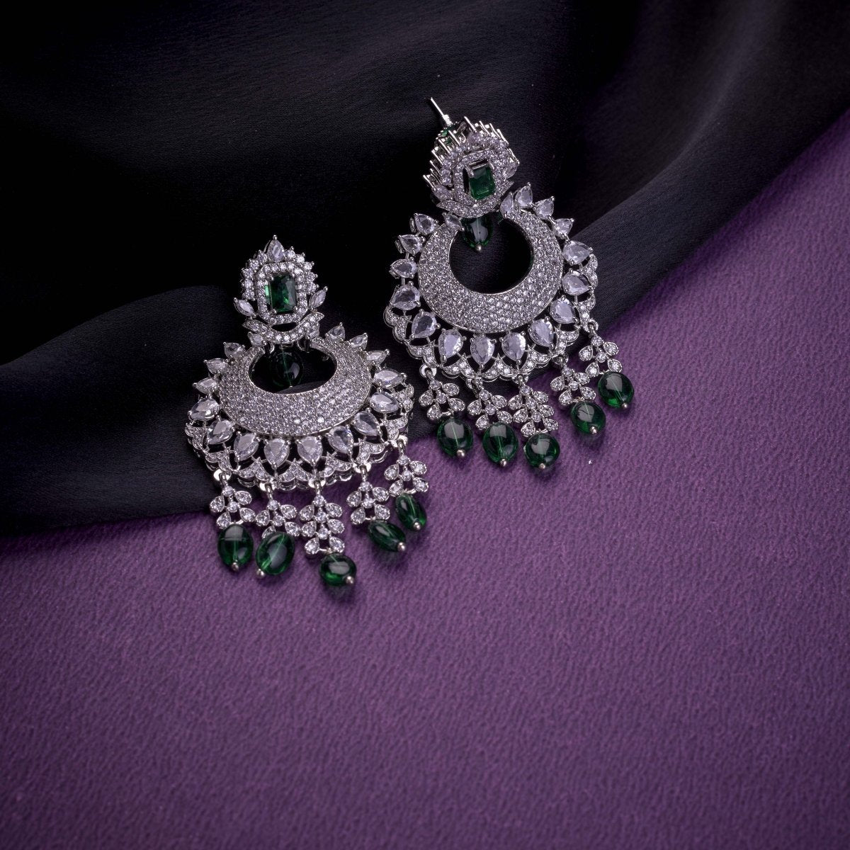 Rhodium Plated Chandelier Earrings with Stone Work