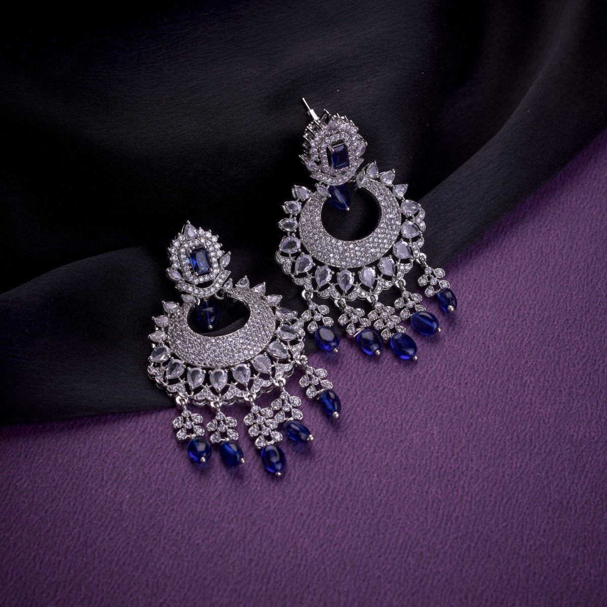 Rhodium Plated Chandelier Earrings with Stone Work
