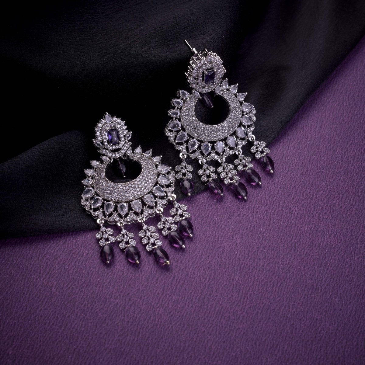 Rhodium Plated Chandelier Earrings with Stone Work