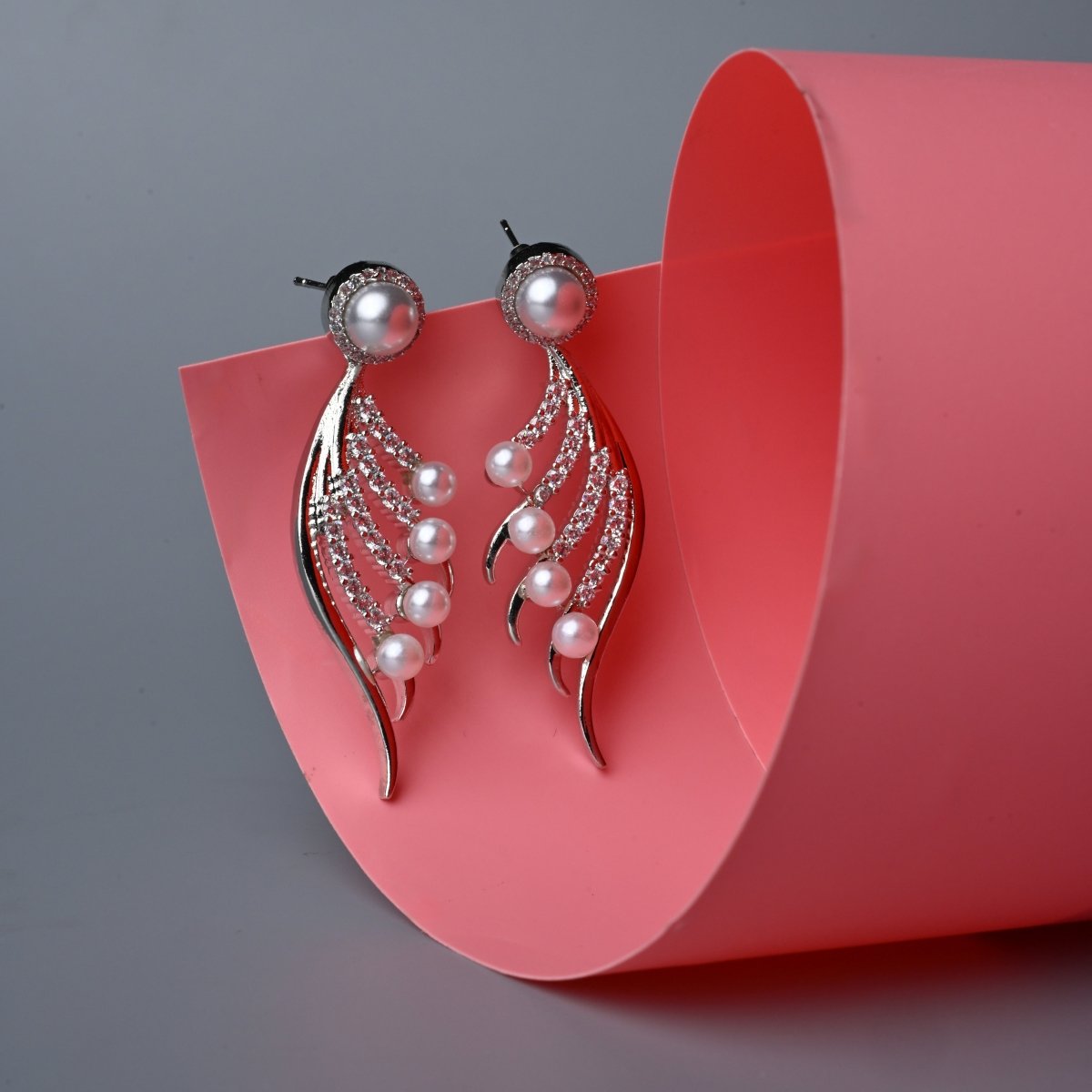 Rhodium-Plated Cubic Zirconia & Pearl Feather Earrings