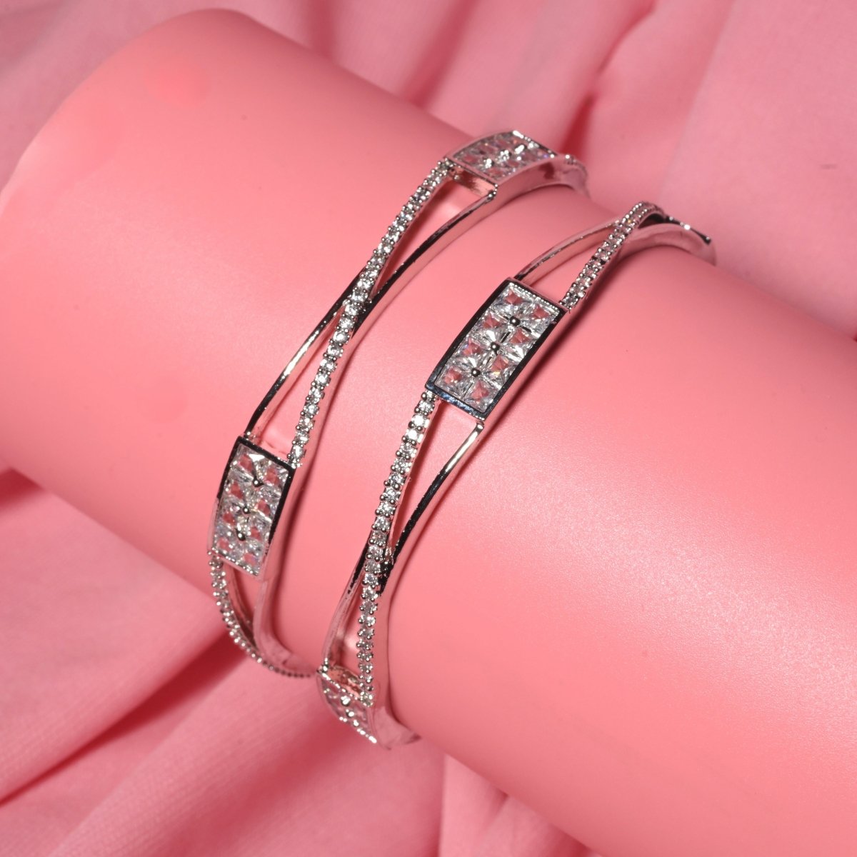 Rhodium Plated CZ Diamond Geometric Square Pattern Bangles (Pack of 2)