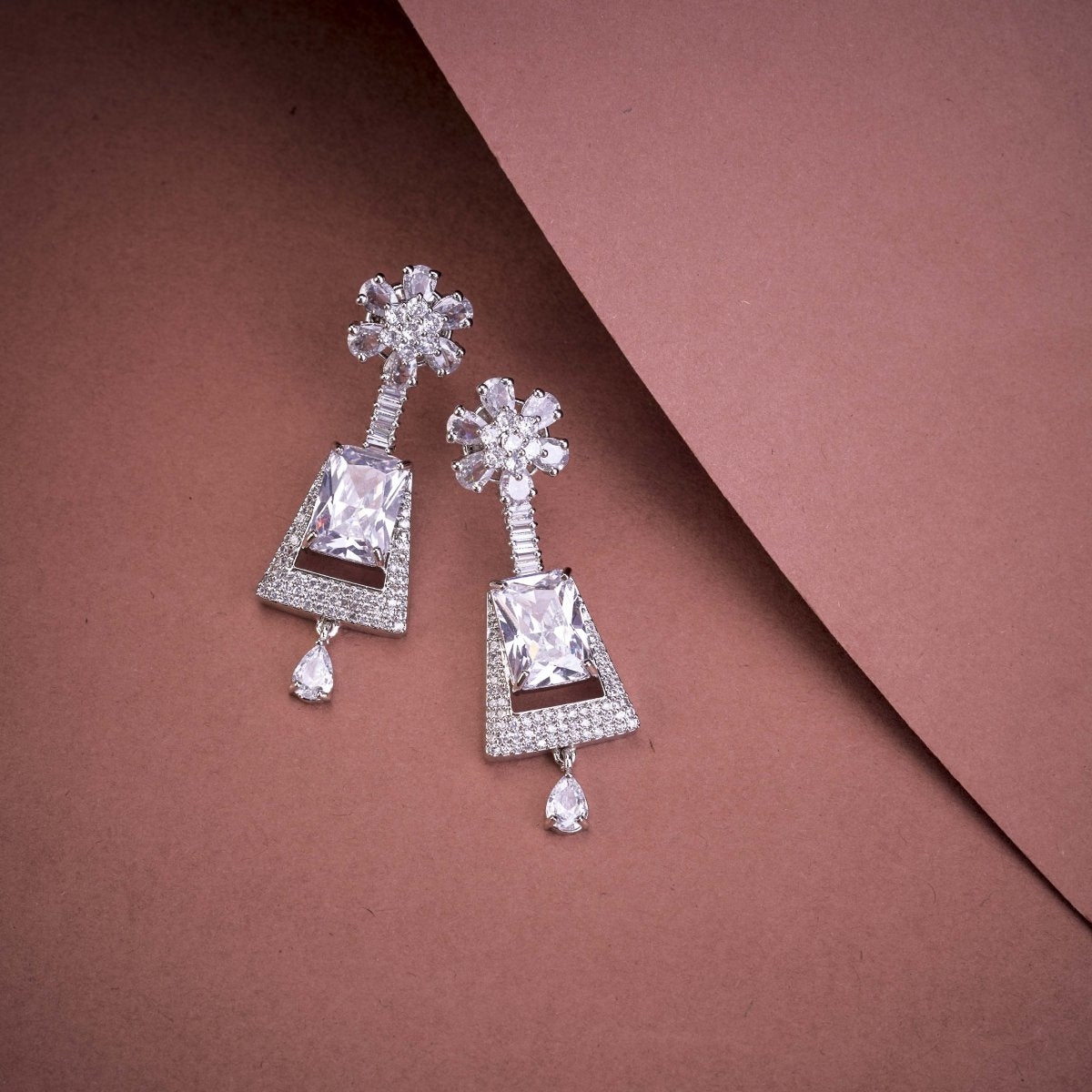 Rhodium Plated Dangle Earrings with Crystal Work
