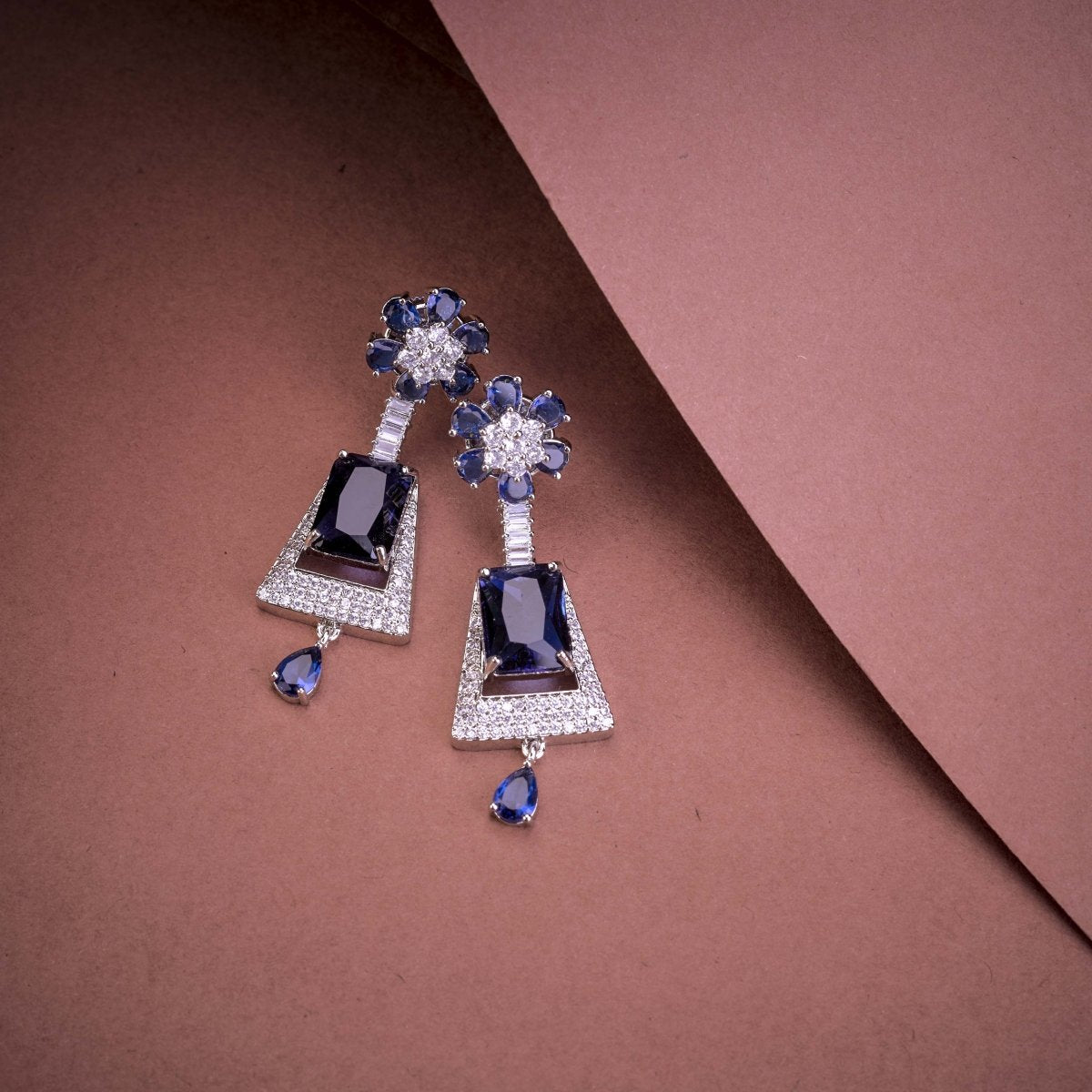 Rhodium Plated Dangle Earrings with Crystal Work
