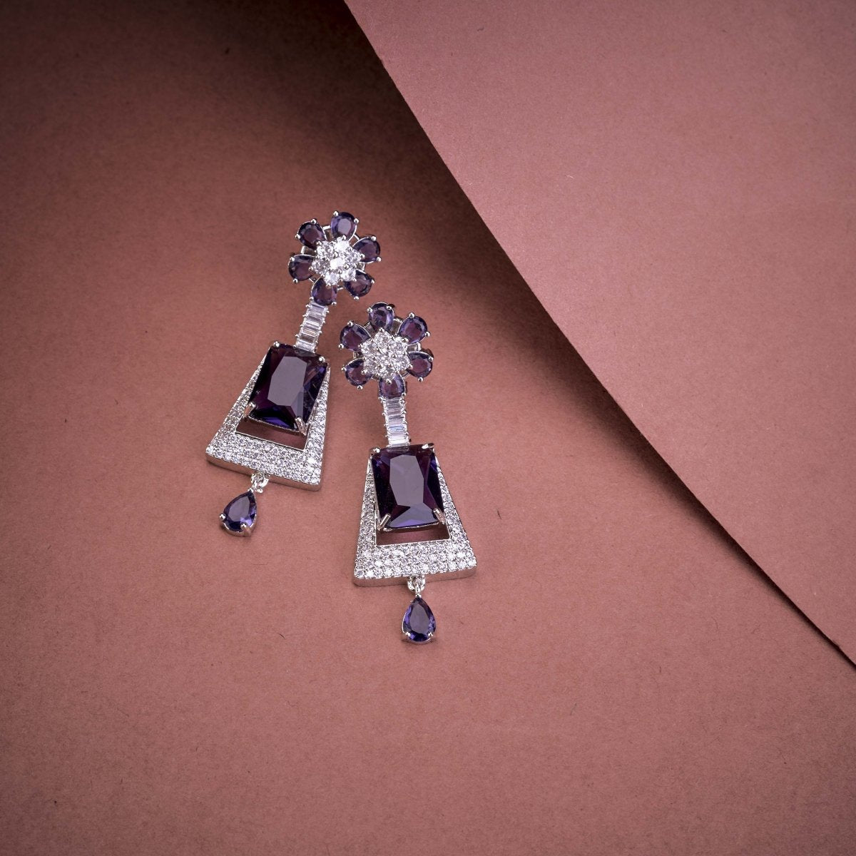 Rhodium Plated Dangle Earrings with Crystal Work