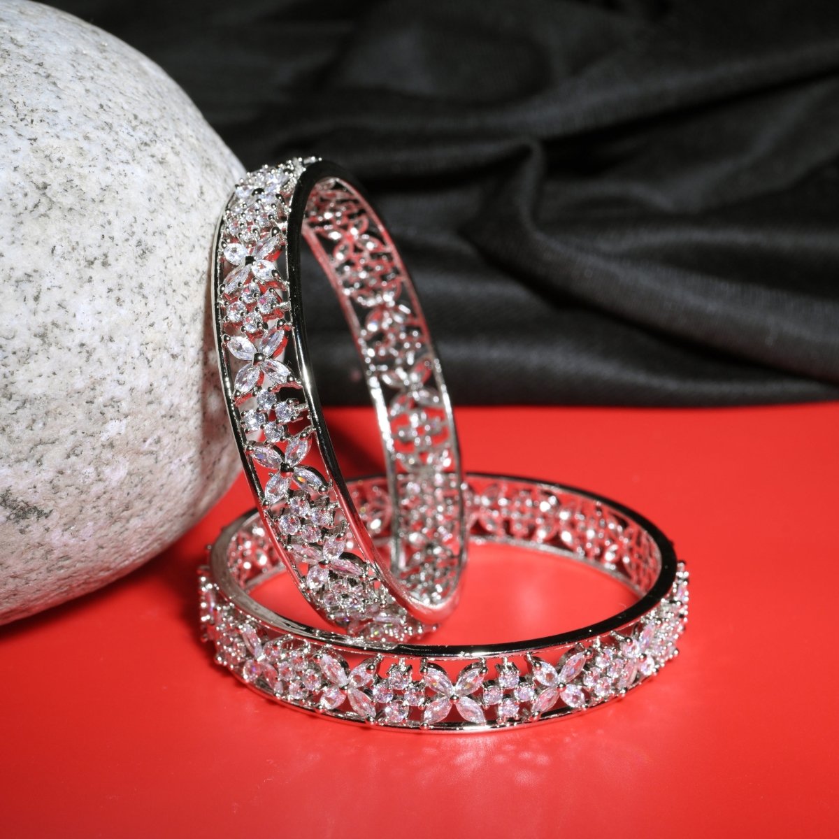 Rhodium Plated Floral CZ Diamond Bangles (Pack of 2)