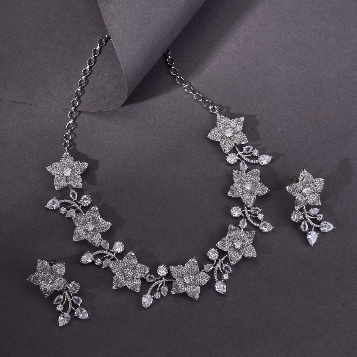 Rhodium Plated Floral Necklace Set