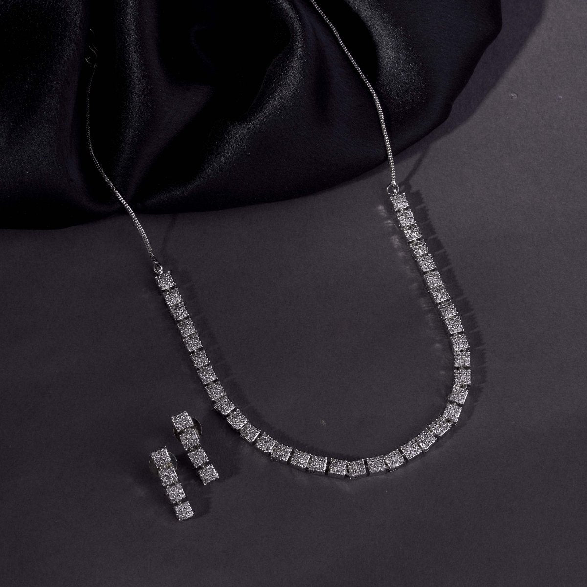 Rhodium Plated Necklace Earrings Set  ‘Square Luxe’ Designer Jewelry with Stone Work
