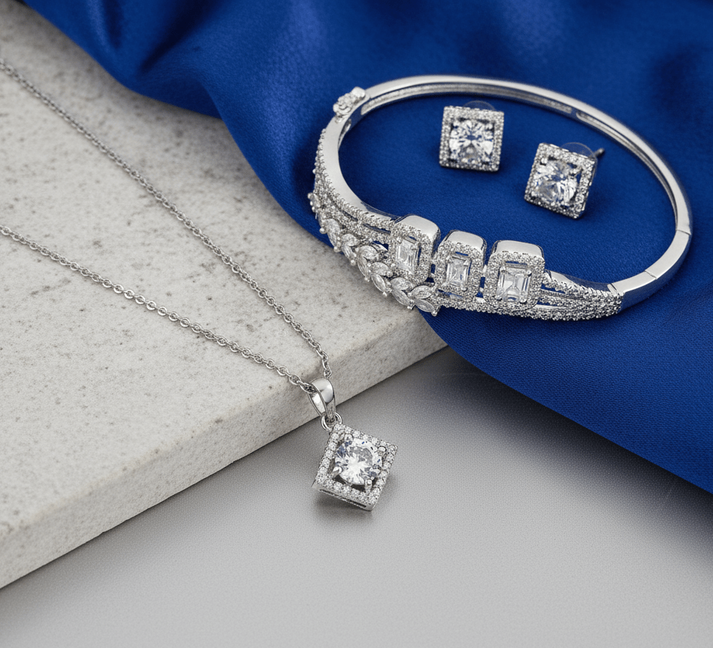 Rhodium Plated Square Stone Necklace Bracelet Earrings Set