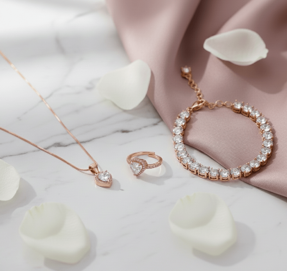Rose Gold Heart Jewelry Set - Pendant , Ring & Bracelet with Sparkling Stones