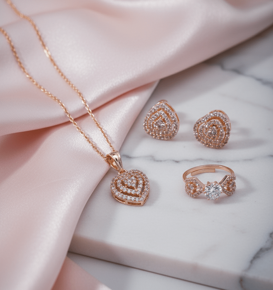 Rose Gold Heart Pendant, Necklace, Earrings and Ring Set