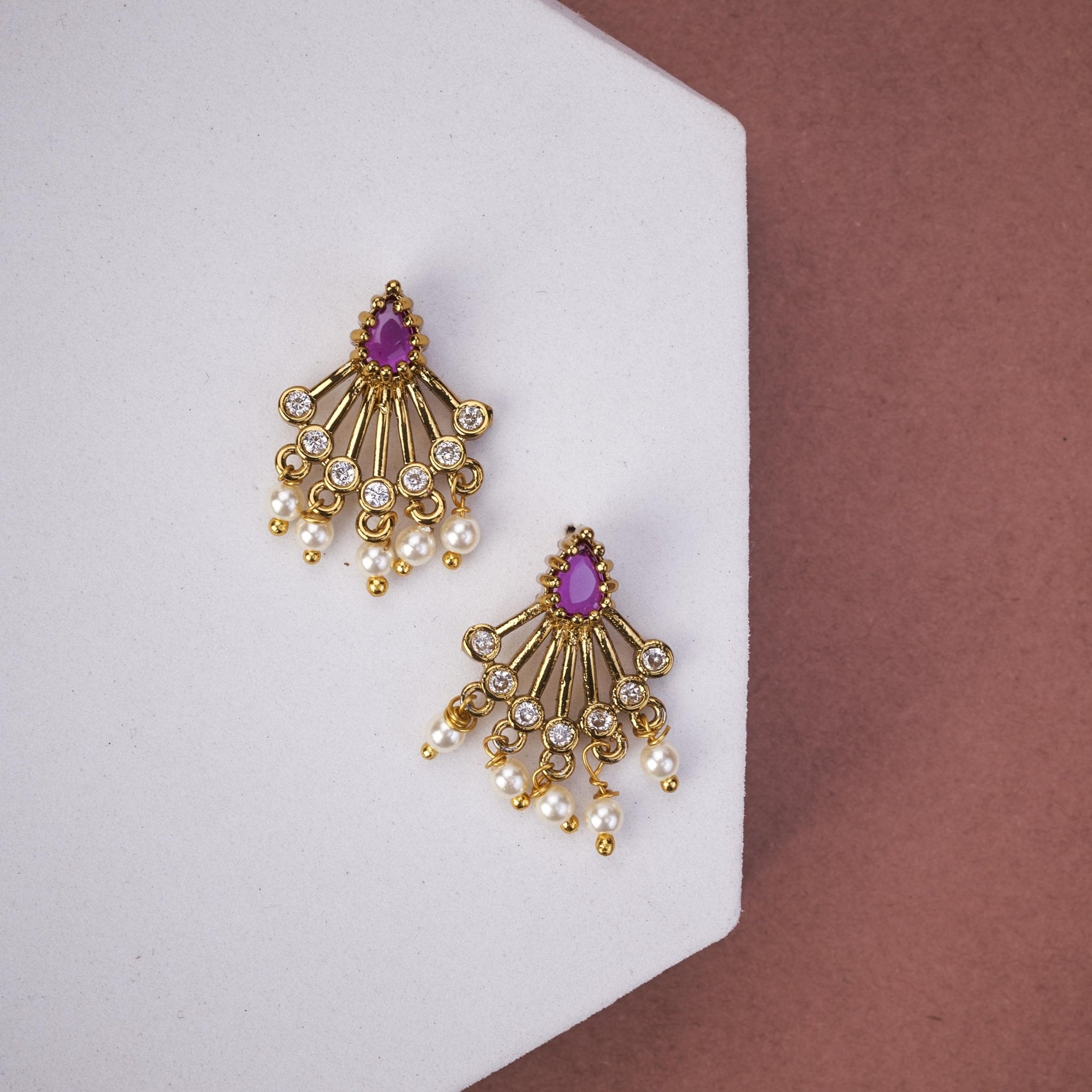 Mehendi Plated American Diamond Pearl Fan Stud Earrings