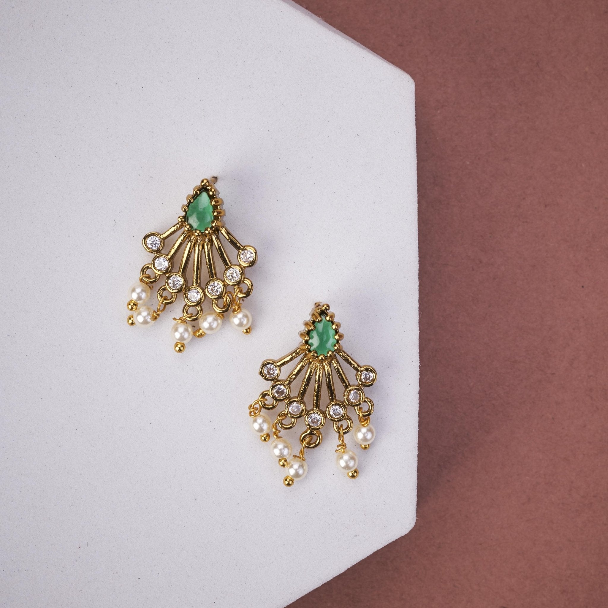 Mehendi Plated American Diamond Pearl Fan Stud Earrings