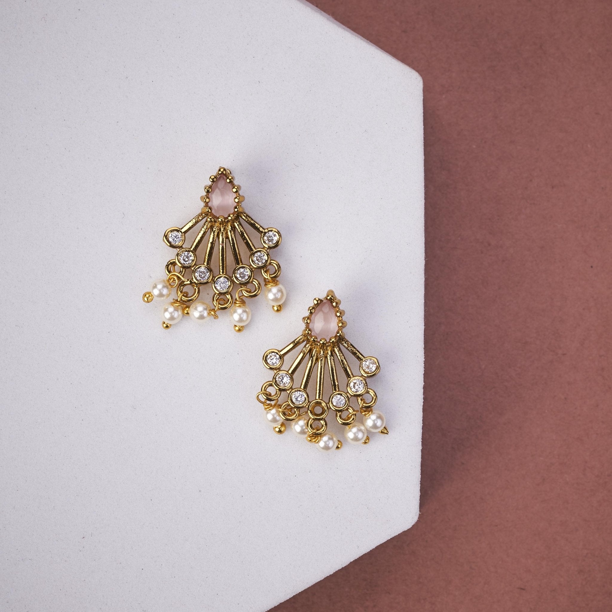 Mehendi Plated American Diamond Pearl Fan Stud Earrings