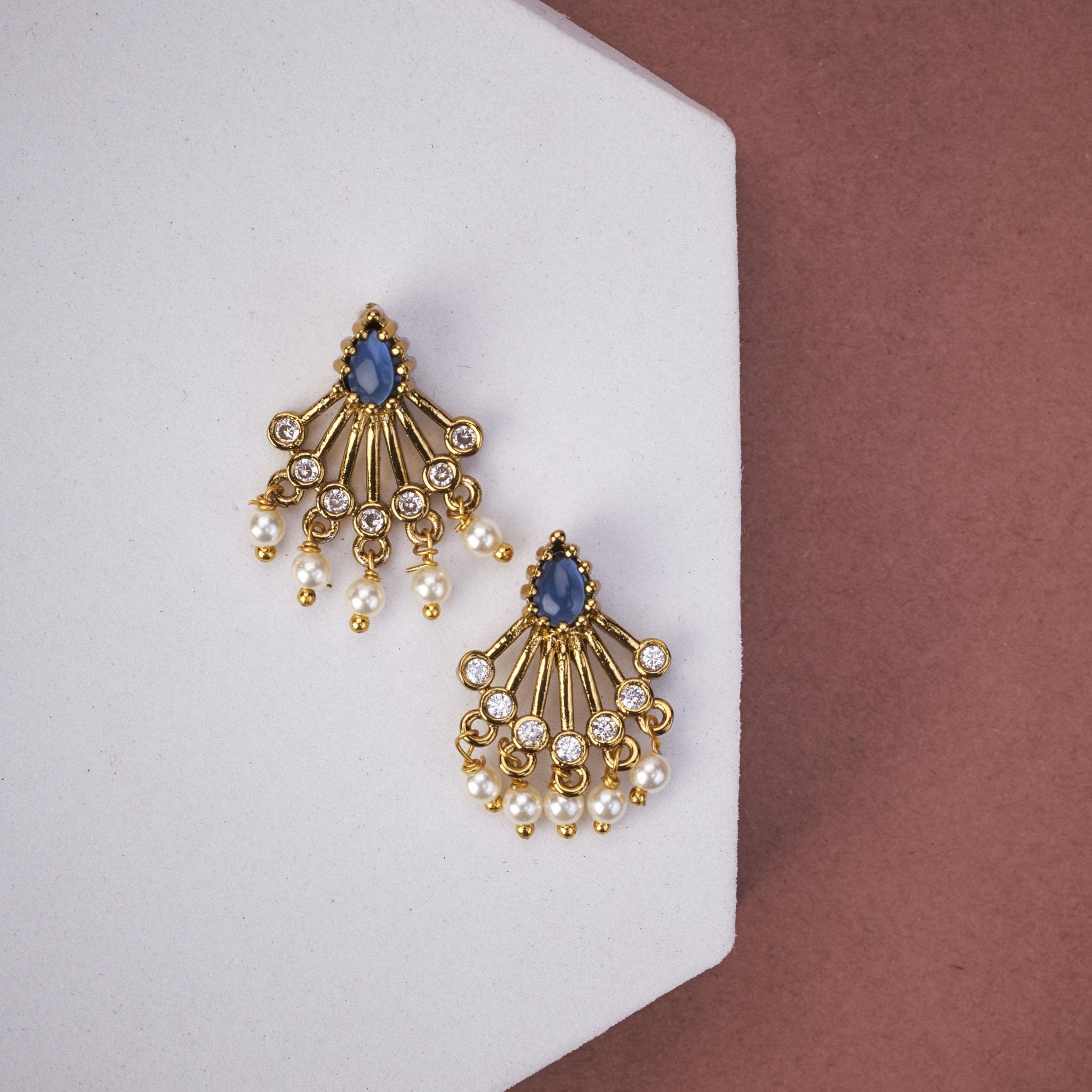 Mehendi Plated American Diamond Pearl Fan Stud Earrings