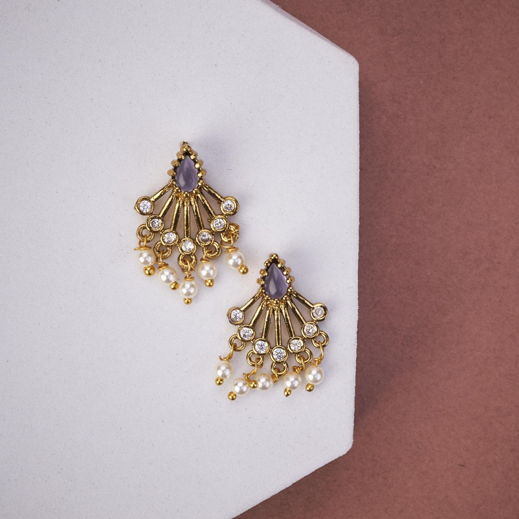 Mehendi Plated American Diamond Pearl Fan Stud Earrings