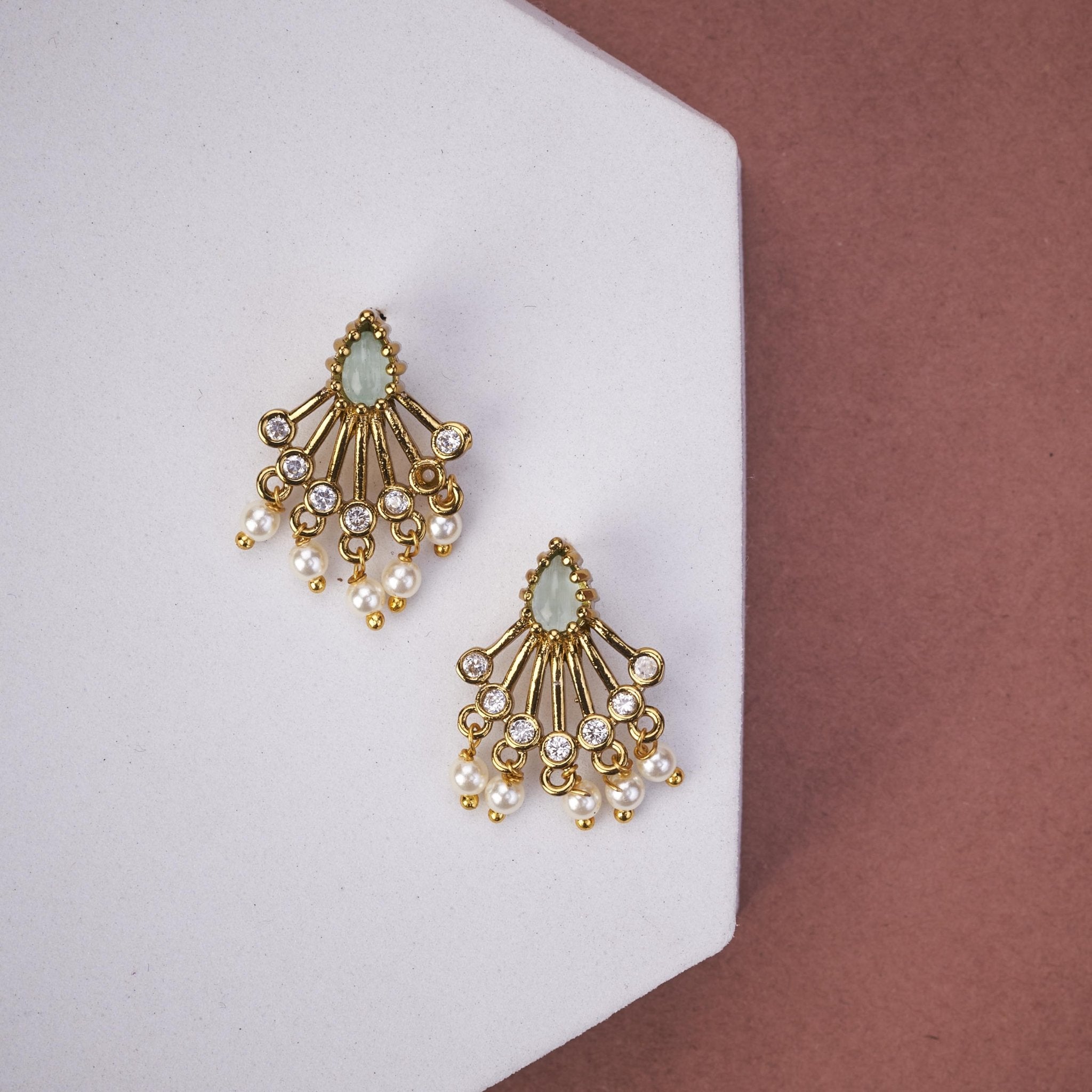 Mehendi Plated American Diamond Pearl Fan Stud Earrings