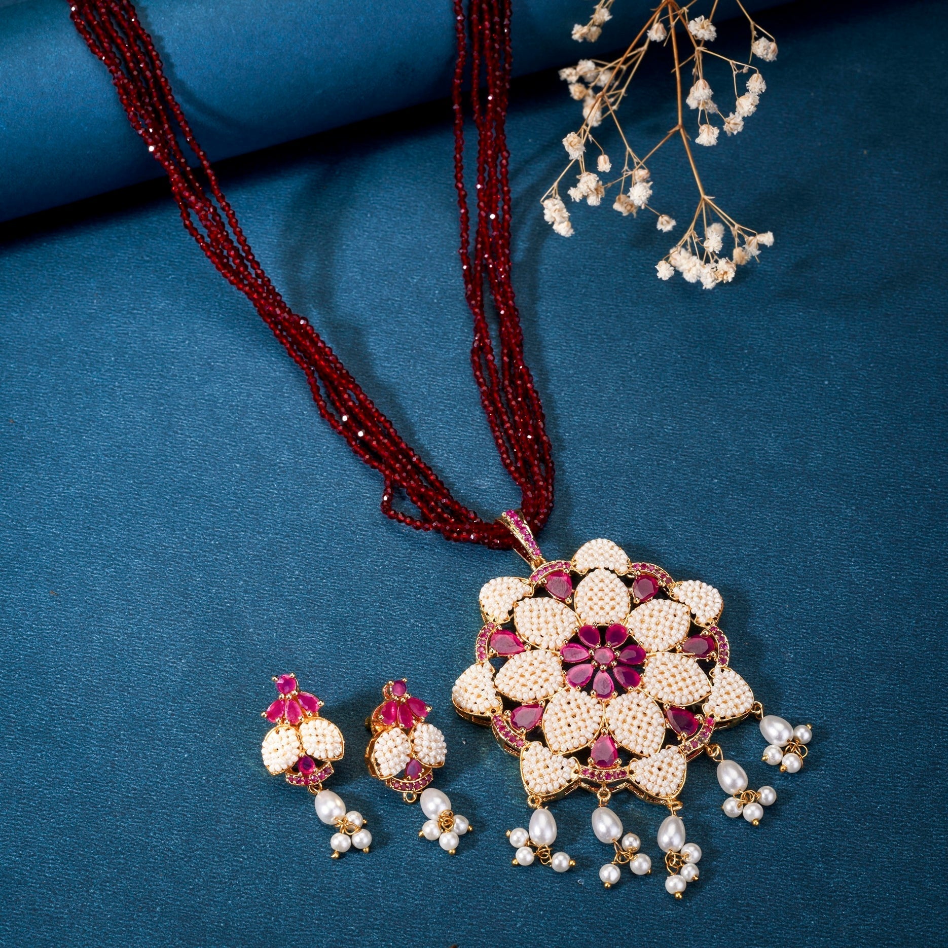 Ruby & Pearl Floret Jewelry Set