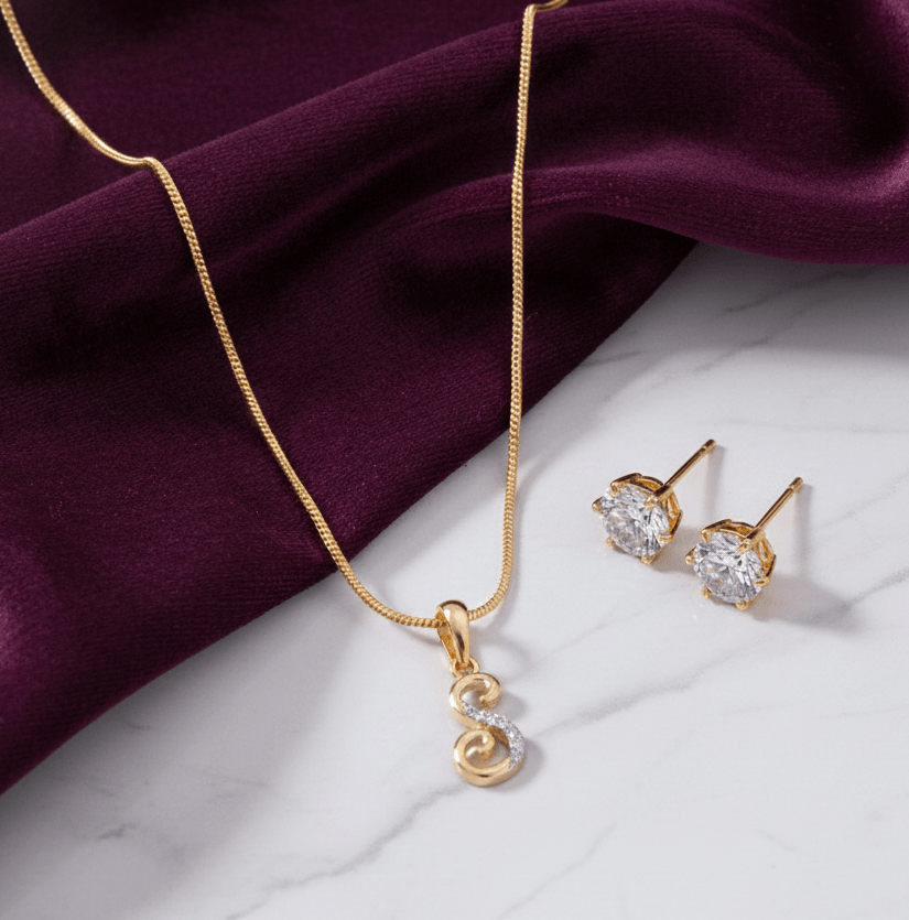 S Initial Pendant Necklace with Earrings