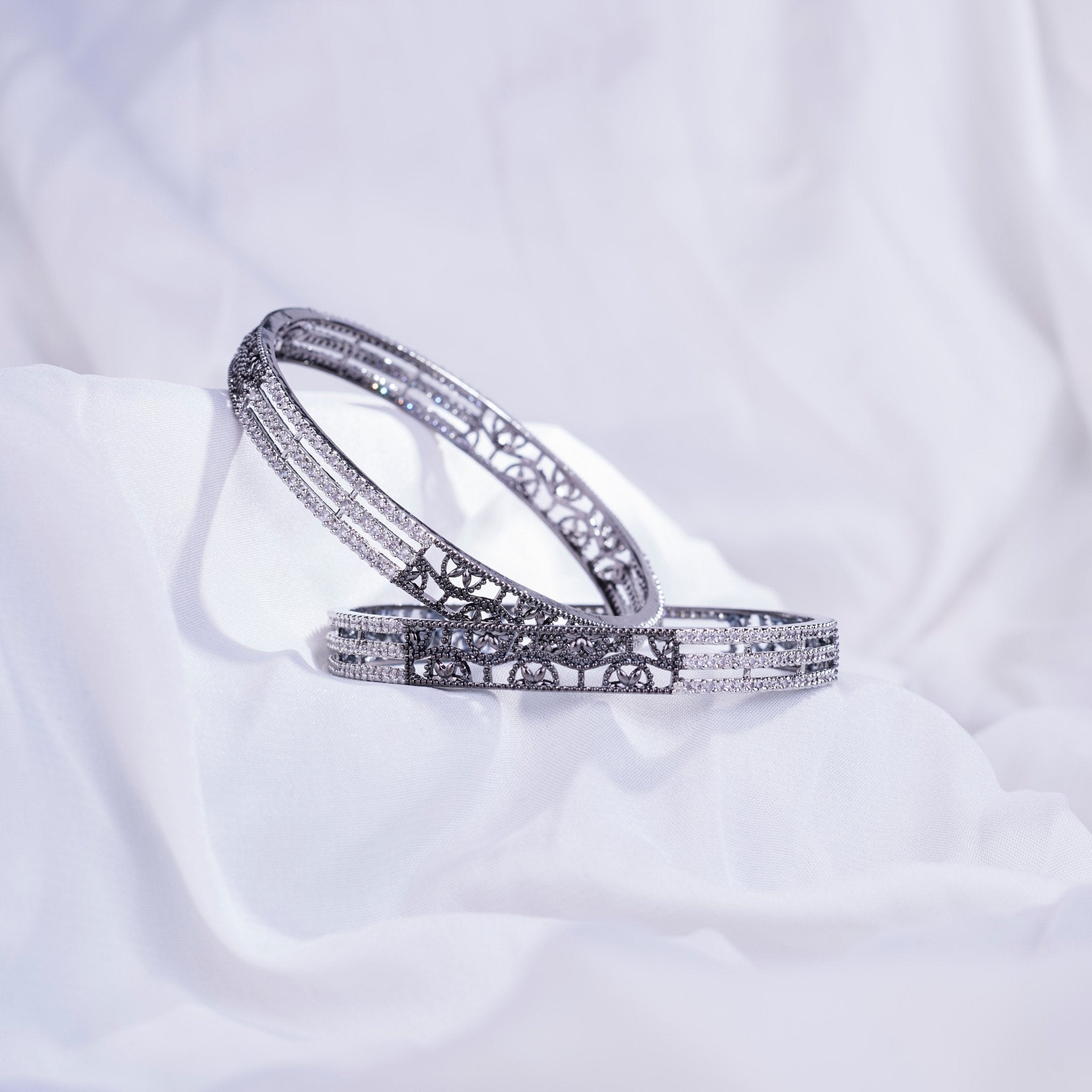 Slim 3 Layered Rhodium-Black Bangles Set (Pack of 2)
