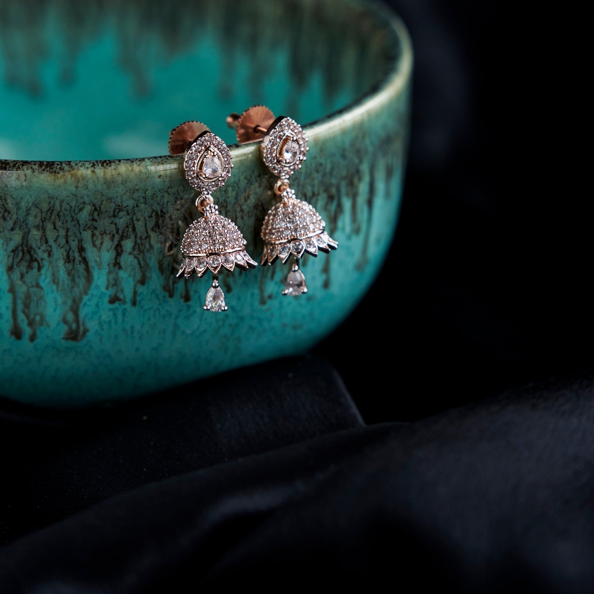 Rose Gold Plated American Diamond Jhumka Earrings