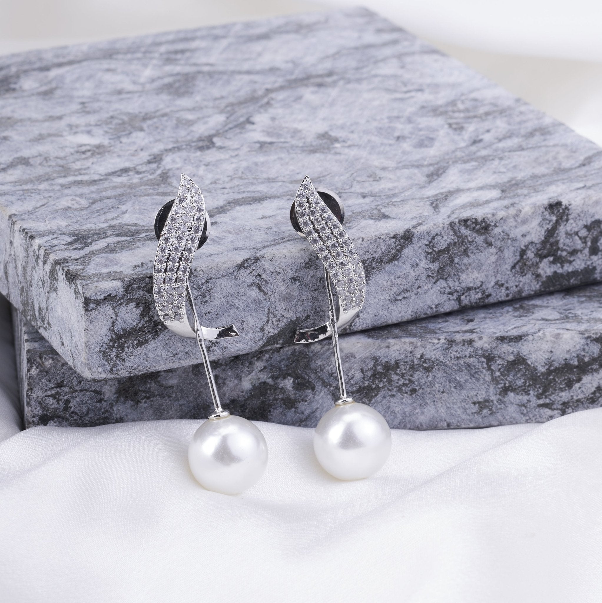 Rhodium Plated Leaf Design Pearl Drop Earrings
