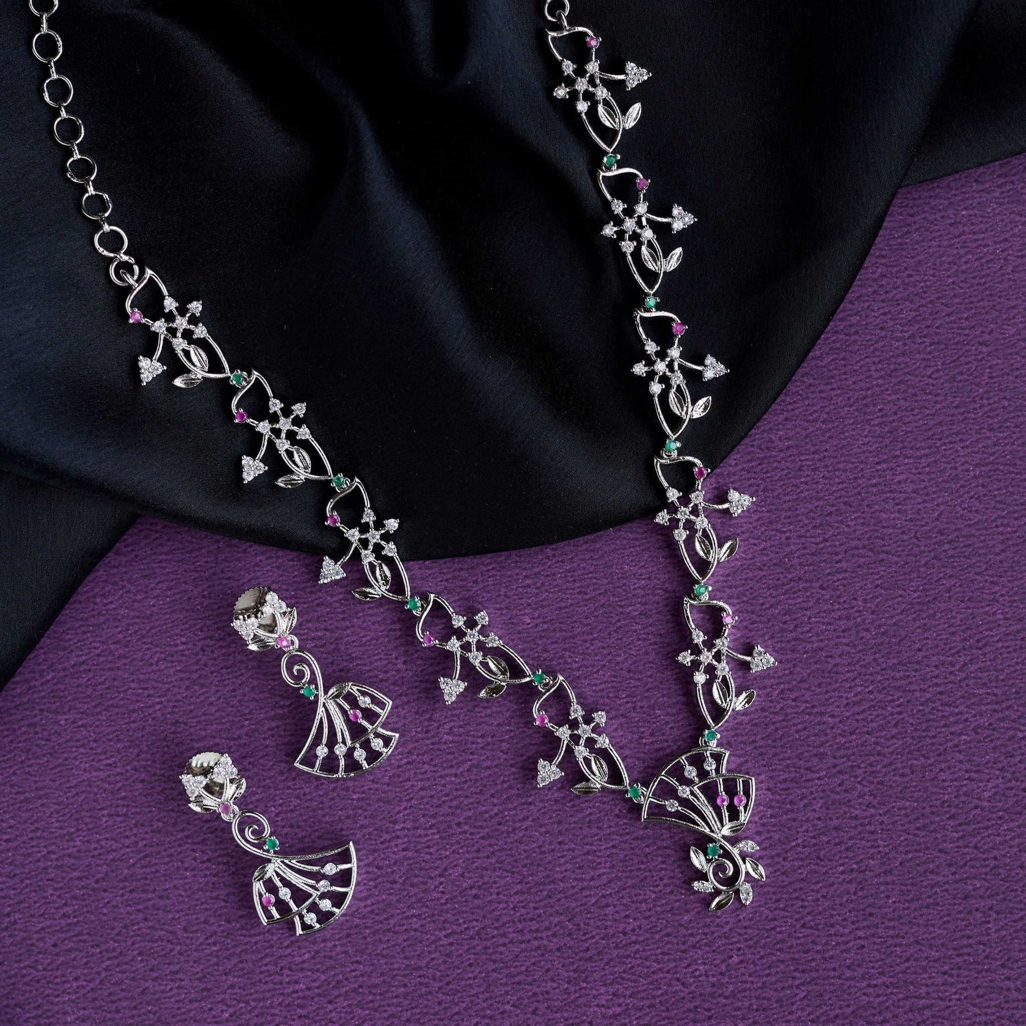 Rhodium Plated Floral Vine Stone Necklace Set
