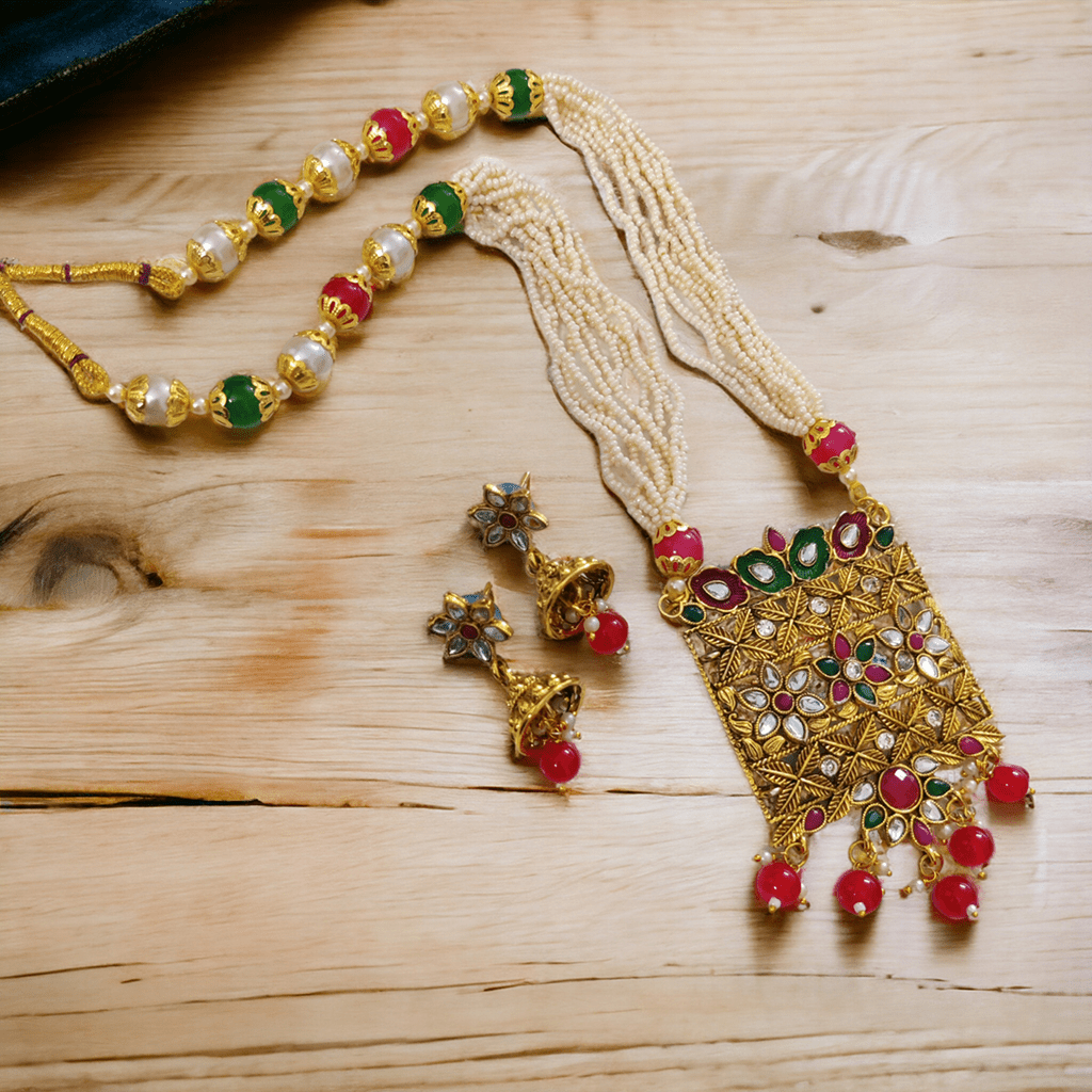 Square Multicolor Polki Kundan Moti Mala