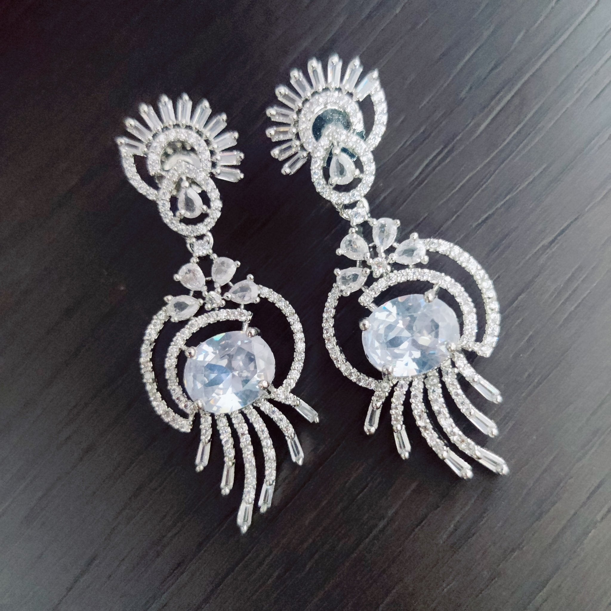 Rhodium Plated Peacock Design Statement Drop Earrings