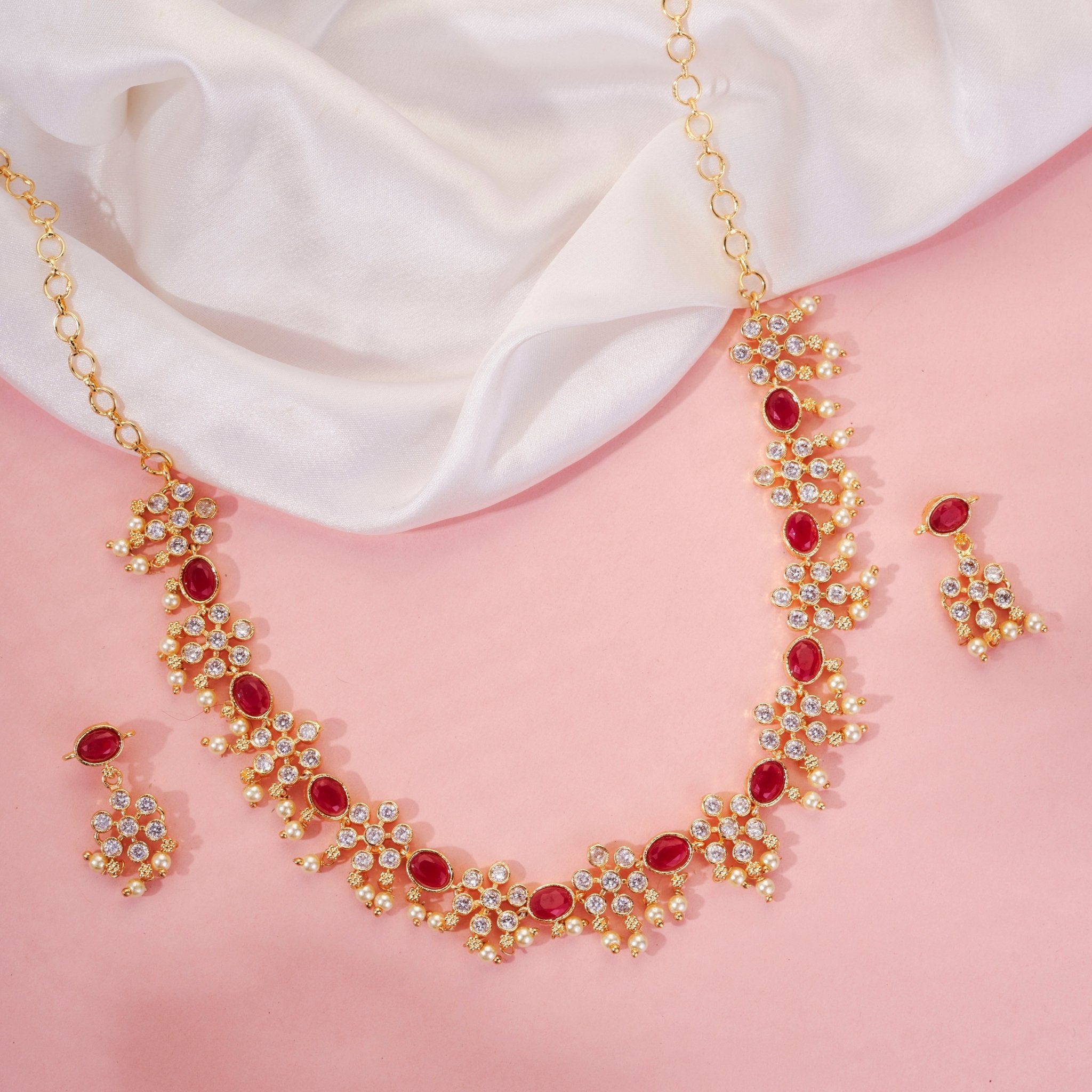 Traditional Floral Gold-Toned Necklace Set with Pearl & Stone Embellishments