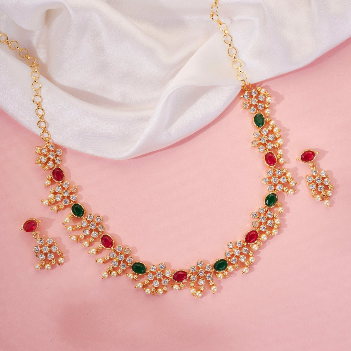 Traditional Floral Gold-Toned Necklace Set with Pearl & Stone Embellishments