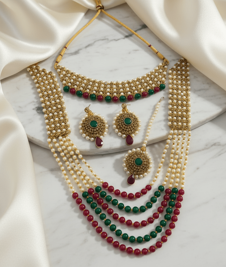 Traditional Long Moti Mala Bridal Set Combo