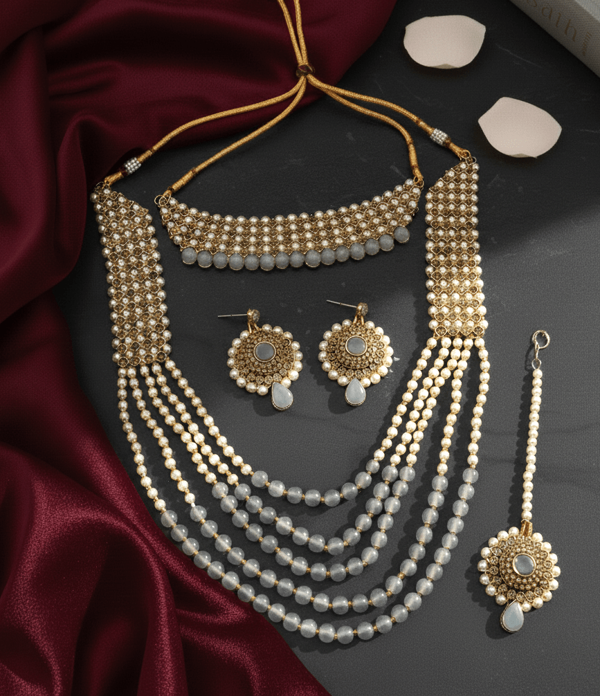 Traditional Long Moti Mala Bridal Set Combo