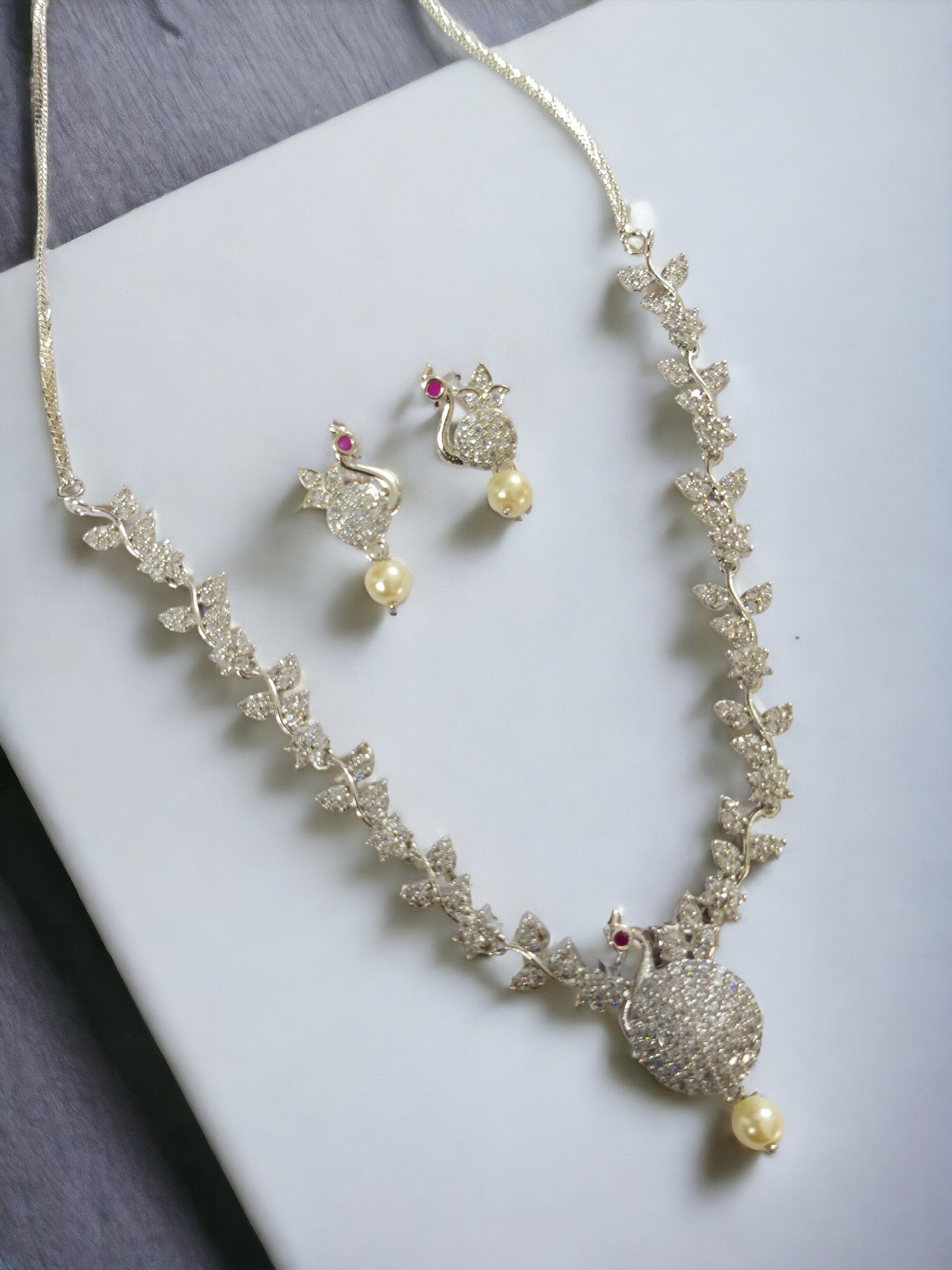 Traditional Rhodium Peacock Necklace Set