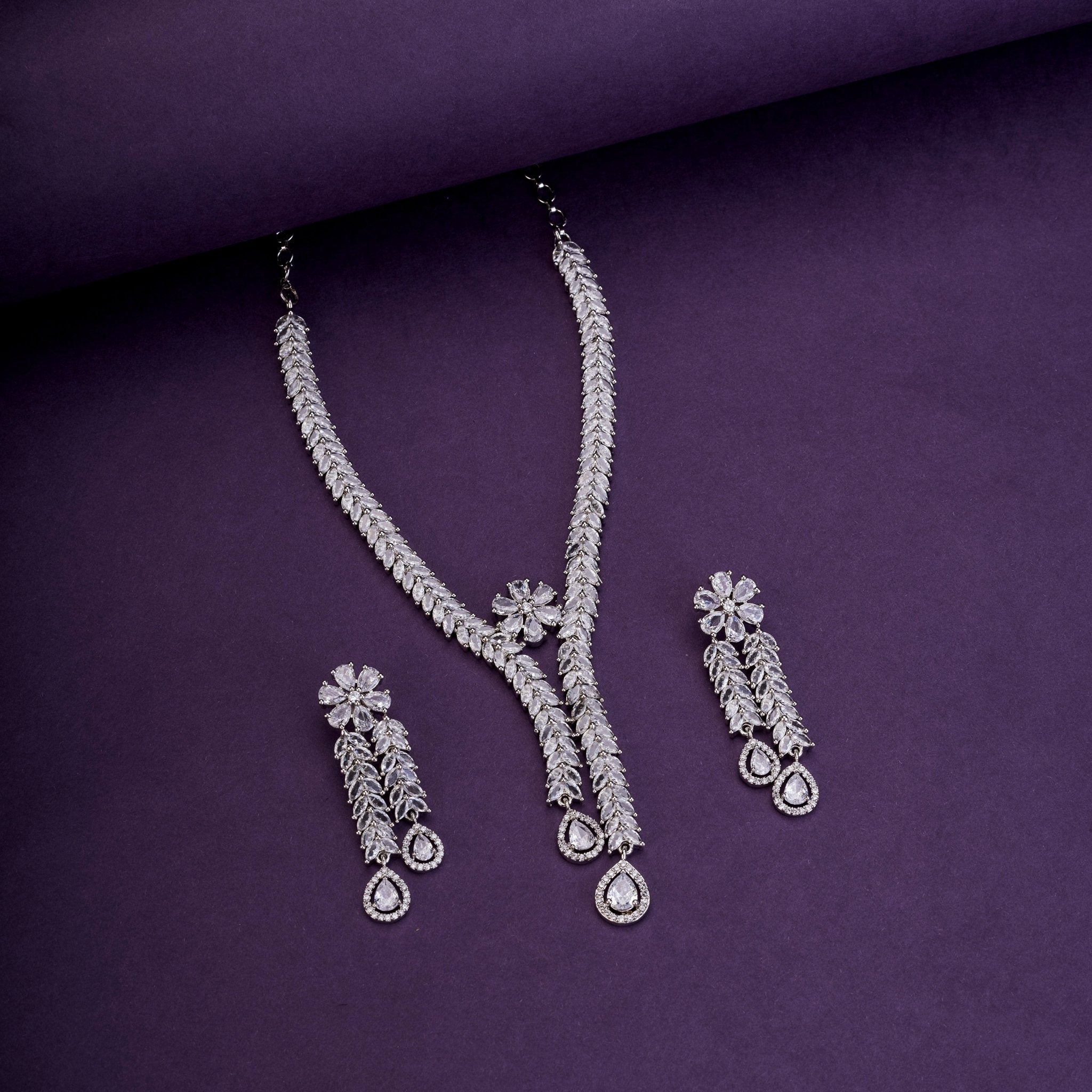 Zig Zag CZ Rhodium Necklace